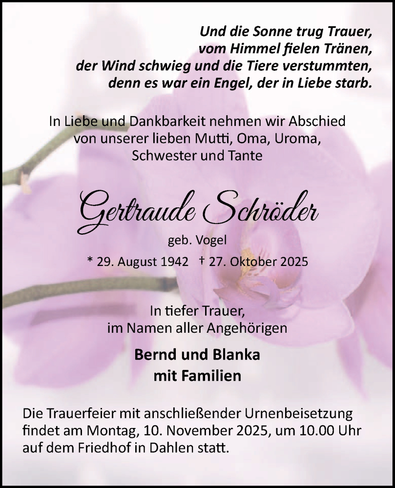  Traueranzeige für Gertraude Schröder vom 08.11.2025 aus Märkische Oderzeitung