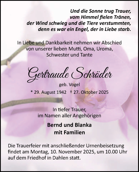 Traueranzeige von Gertraude Schröder von Märkische Oderzeitung