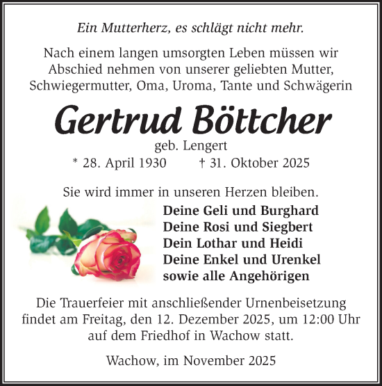 Traueranzeige von Gertrud Böttcher von Märkische Oderzeitung