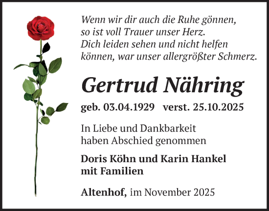 Traueranzeige von Gertrud Nähring von Märkische Oderzeitung