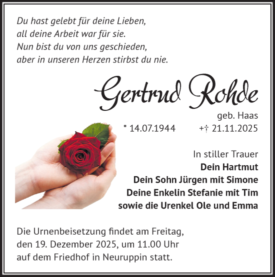 Traueranzeige von Gertrud Rohde von Märkische Oderzeitung