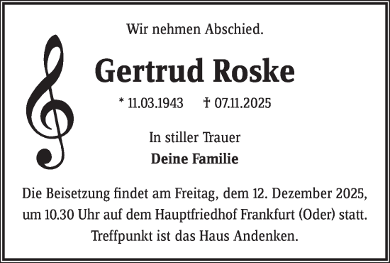 Traueranzeige von Gertrud Roske von Märkische Oderzeitung