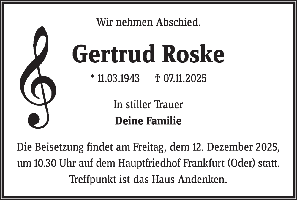  Traueranzeige für Gertrud Roske vom 29.11.2025 aus Märkische Oderzeitung