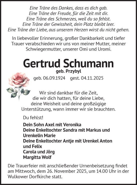 Traueranzeige von Gertrud Schumann von Märkische Oderzeitung