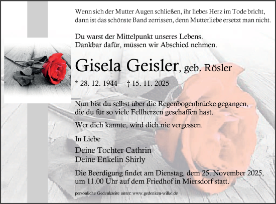 Traueranzeige von Gisela Geisler von Blickpunkt Königs Wusterhausen