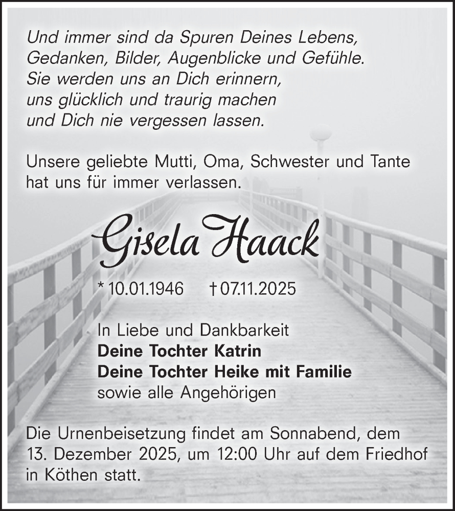  Traueranzeige für Gisela Haack vom 29.11.2025 aus Blickpunkt Königs Wusterhausen