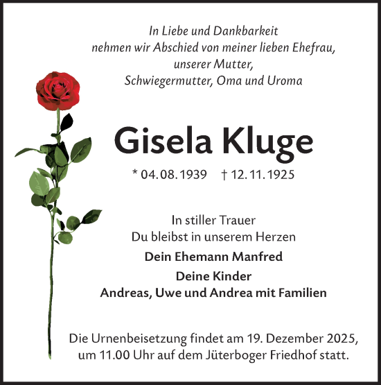 Traueranzeige von Gisela Kluge von Blickpunkt Jüterbog/Luckenwalde