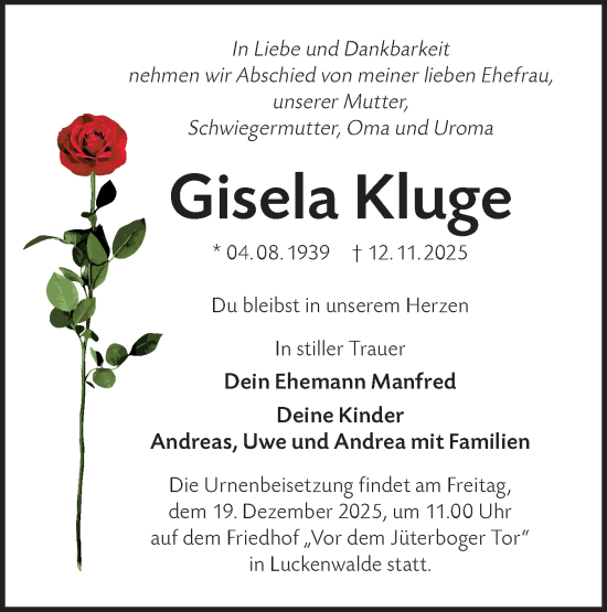 Traueranzeige von Gisela Kluge von Blickpunkt Jüterbog/Luckenwalde
