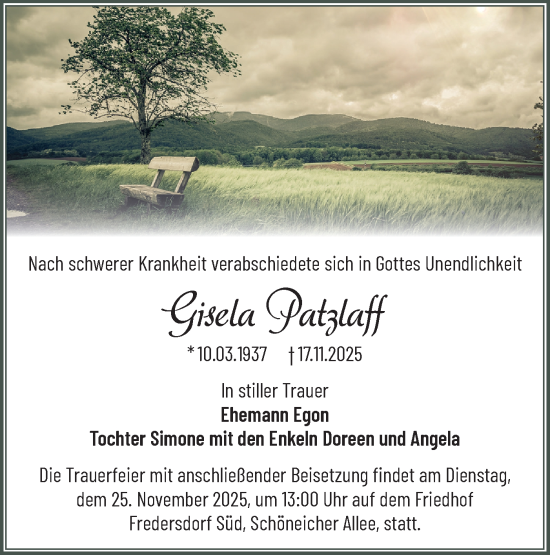 Traueranzeige von Gisela Patzlaff von Märkische Oderzeitung