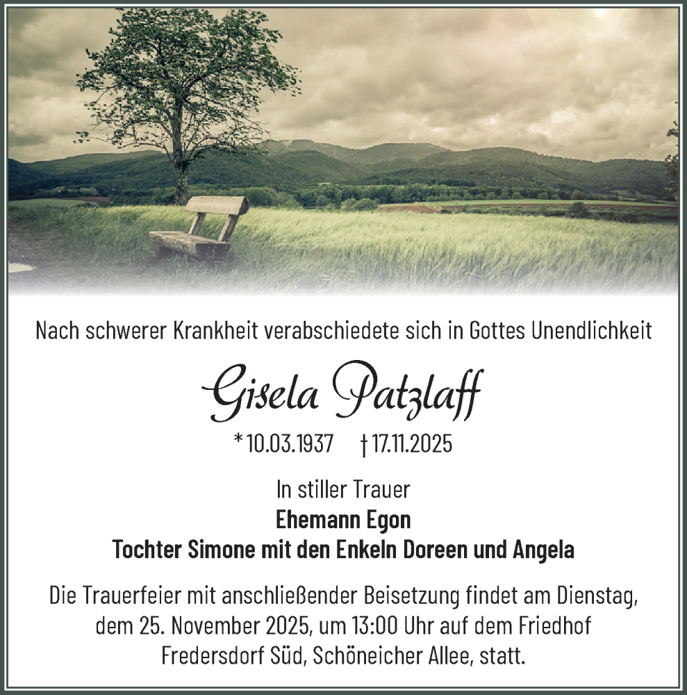  Traueranzeige für Gisela Patzlaff vom 22.11.2025 aus Märkische Oderzeitung