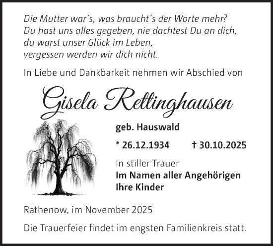 Traueranzeige von Gisela Rettinghausen von Märkische Oderzeitung