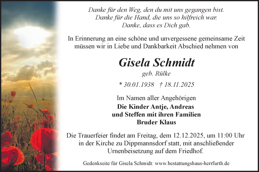  Traueranzeige für Gisela Schmidt vom 29.11.2025 aus Märkische Oderzeitung