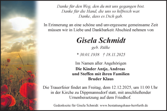 Traueranzeige von Gisela Schmidt von Märkische Oderzeitung