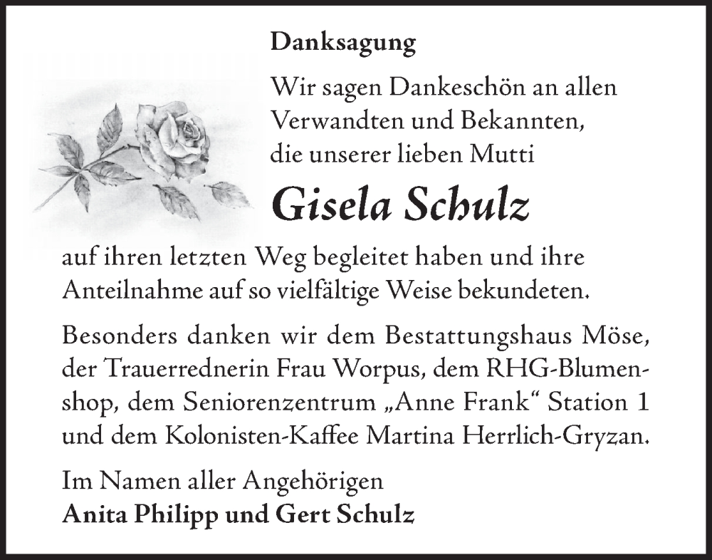  Traueranzeige für Gisela Schulz vom 22.11.2025 aus MO Oderld.-Echo