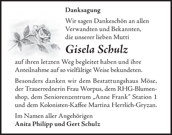 Traueranzeige von Gisela Schulz von MO Oderld.-Echo