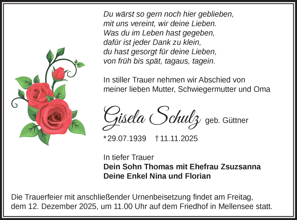  Traueranzeige für Gisela Schulz vom 22.11.2025 aus Blickpunkt Ludwigsfelde/Zossen