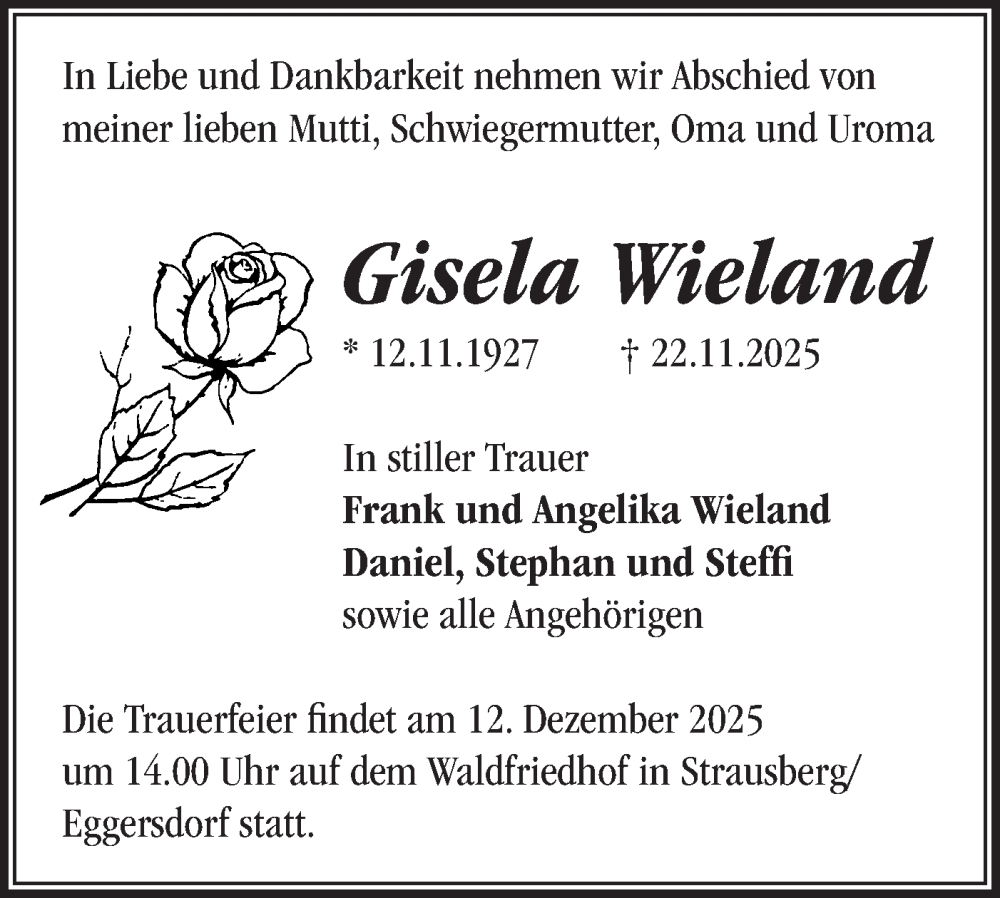  Traueranzeige für Gisela Wieland vom 29.11.2025 aus Märkische Oderzeitung