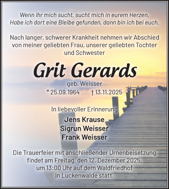 Traueranzeige von Grit Gerards von Blickpunkt Jüterbog/Luckenwalde