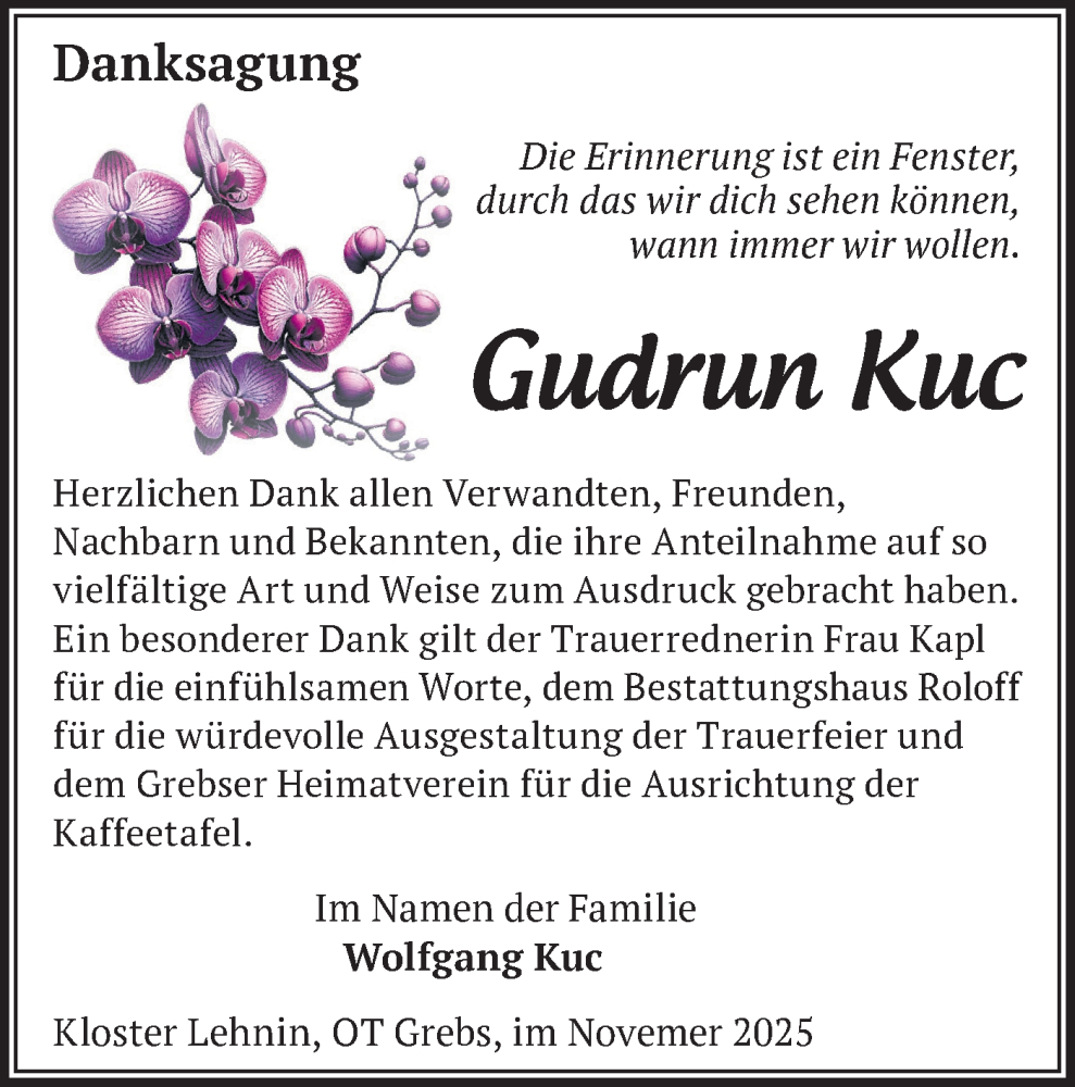 Traueranzeige für Gudrun Kuc vom 29.11.2025 aus Märkische Oderzeitung