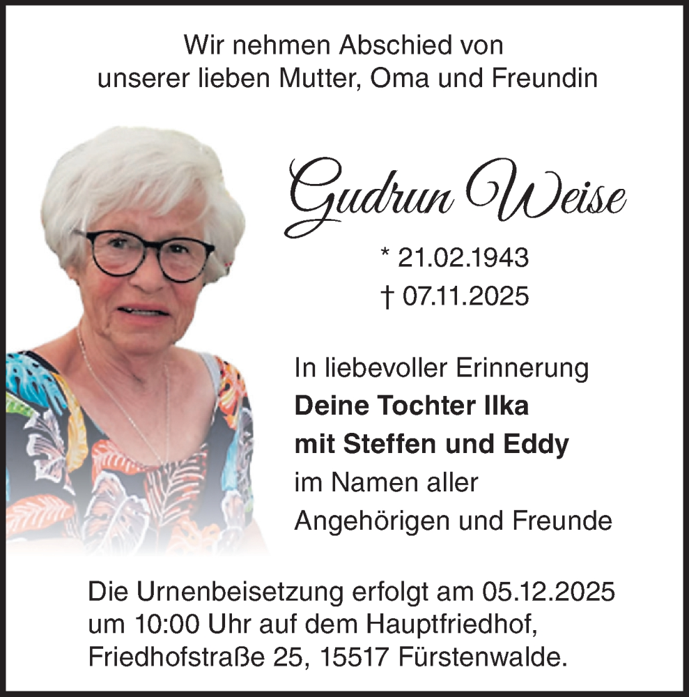  Traueranzeige für Gudrun Weise vom 22.11.2025 aus Märkische Oderzeitung