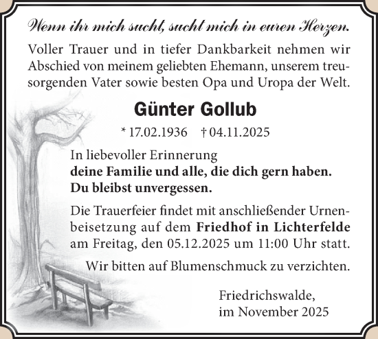 Traueranzeige von Günter Gollub von Märkische Oderzeitung