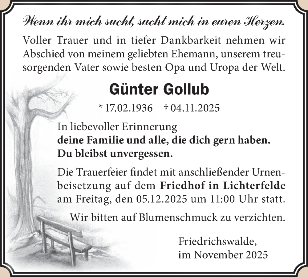 Traueranzeige für Günter Gollub vom 21.11.2025 aus Märkische Oderzeitung
