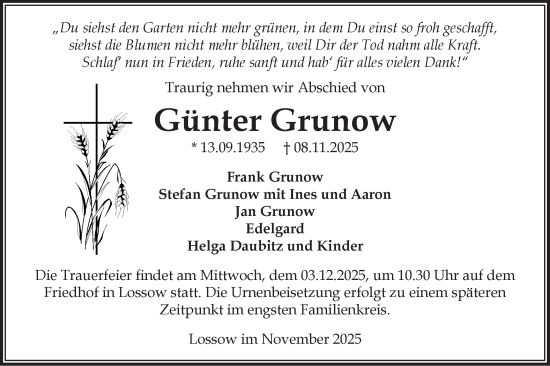 Traueranzeige von Günter Grunow von Märkische Oderzeitung