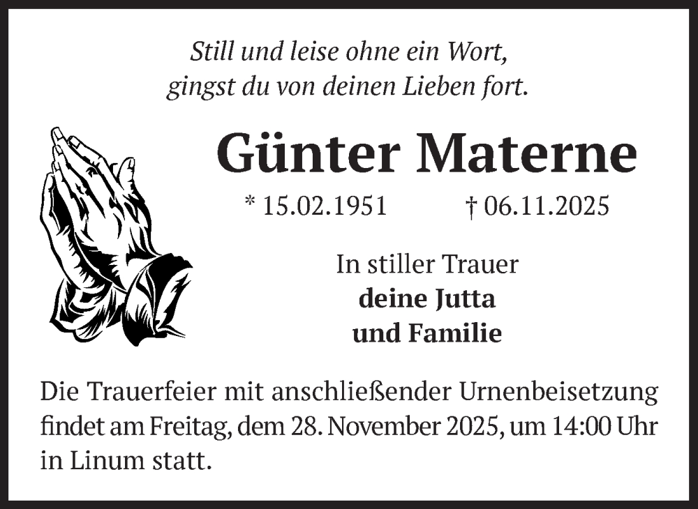  Traueranzeige für Günter Materne vom 18.11.2025 aus Märkische Oderzeitung