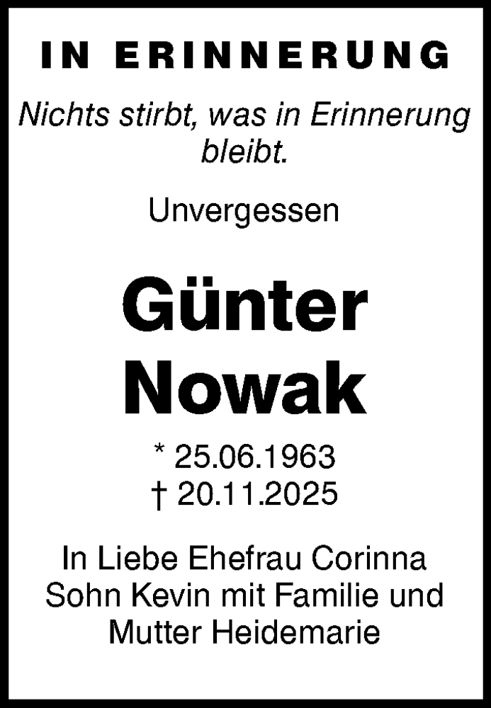  Traueranzeige für Günter Nowak vom 27.11.2025 aus Märkische Oderzeitung