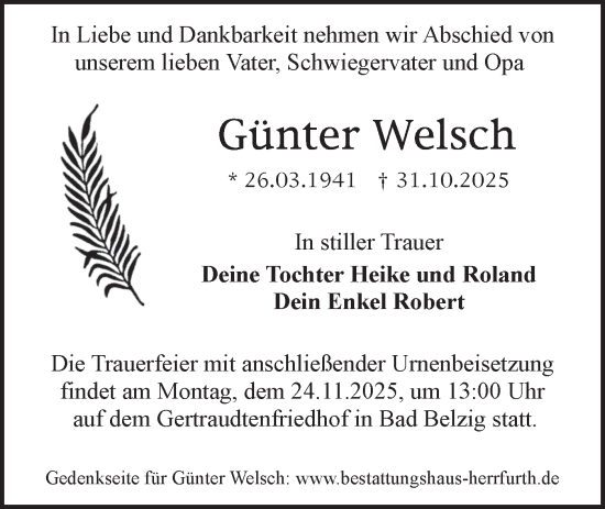 Traueranzeige von Günter Welsch von Märkische Oderzeitung