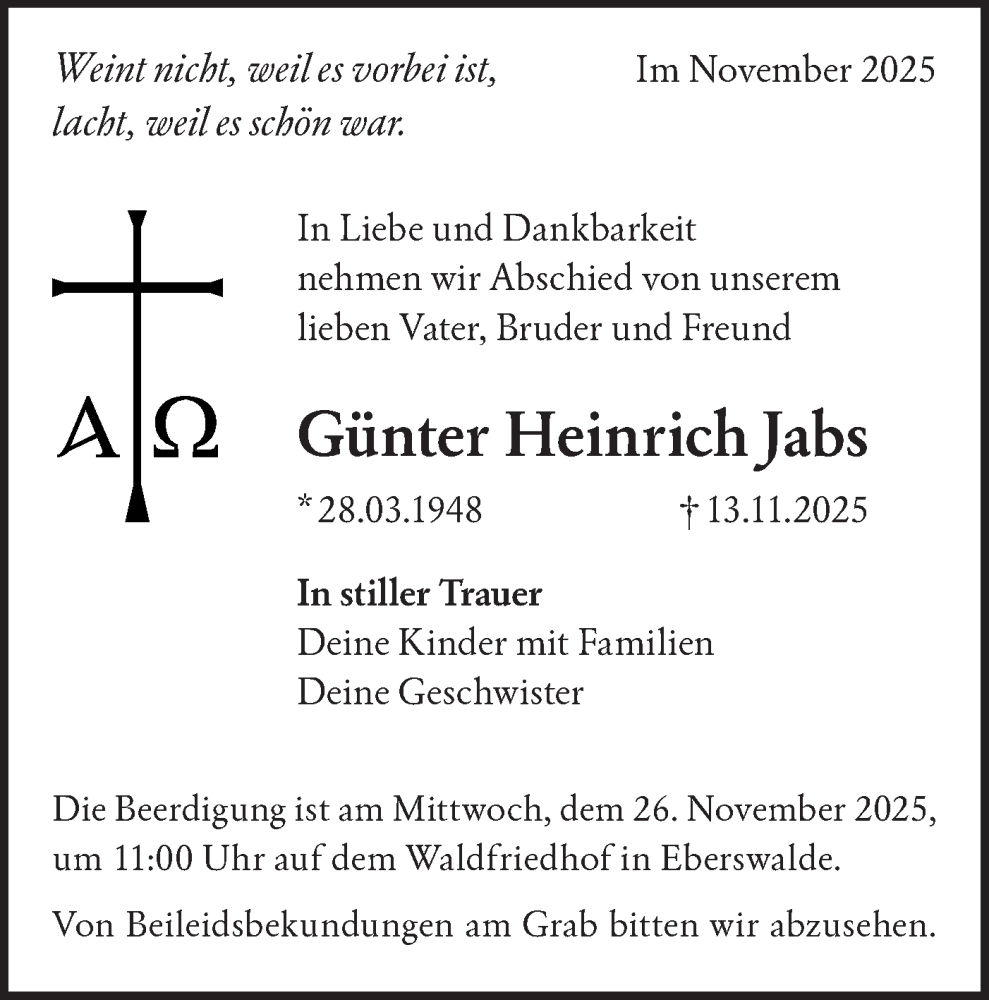  Traueranzeige für Günter Heinrich Jabs vom 22.11.2025 aus Märkische Oderzeitung