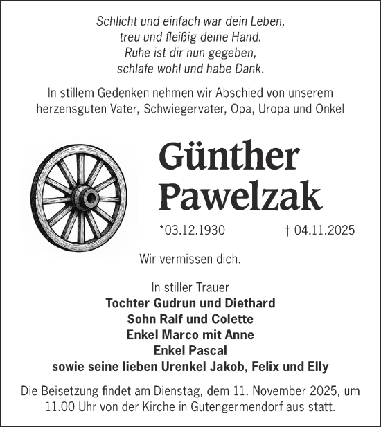 Traueranzeige von Günther Pawelzak von Märkische Oderzeitung