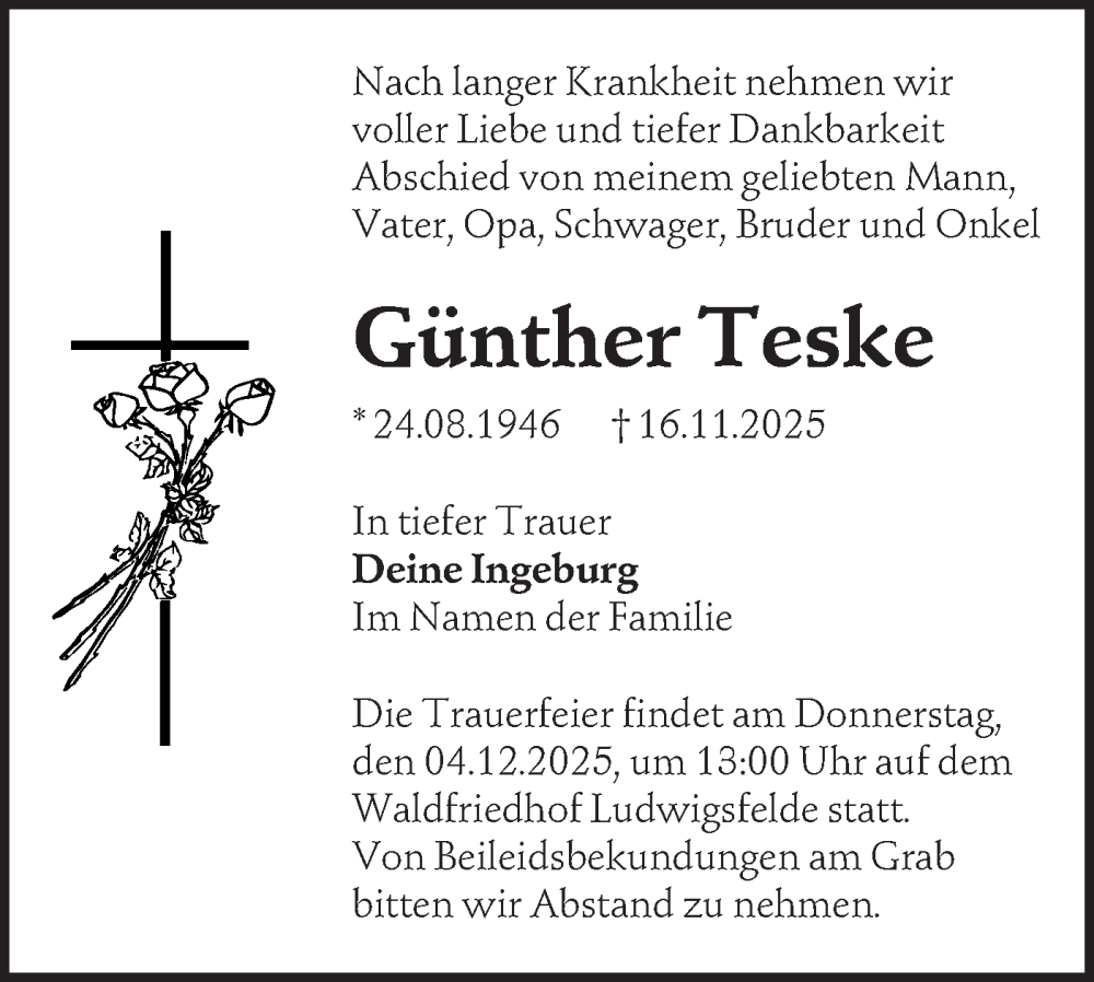  Traueranzeige für Günther Teske vom 22.11.2025 aus Blickpunkt Ludwigsfelde/Zossen