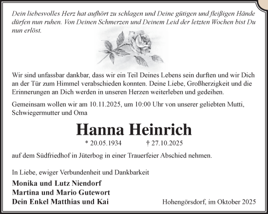Traueranzeige von Hanna Heinrich von Blickpunkt Jüterbog/Luckenwalde