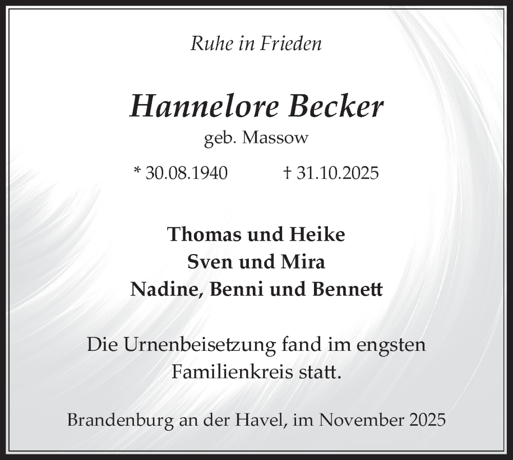  Traueranzeige für Hannelore Becker vom 29.11.2025 aus Märkische Oderzeitung