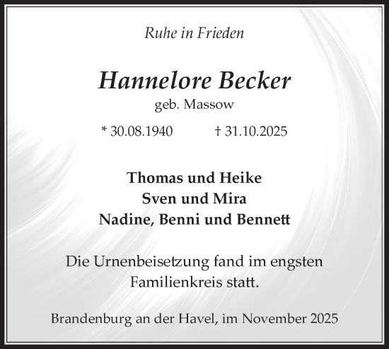 Traueranzeige von Hannelore Becker von Märkische Oderzeitung