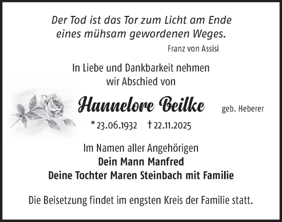 Traueranzeige von Hannelore Beilke von Märkische Oderzeitung