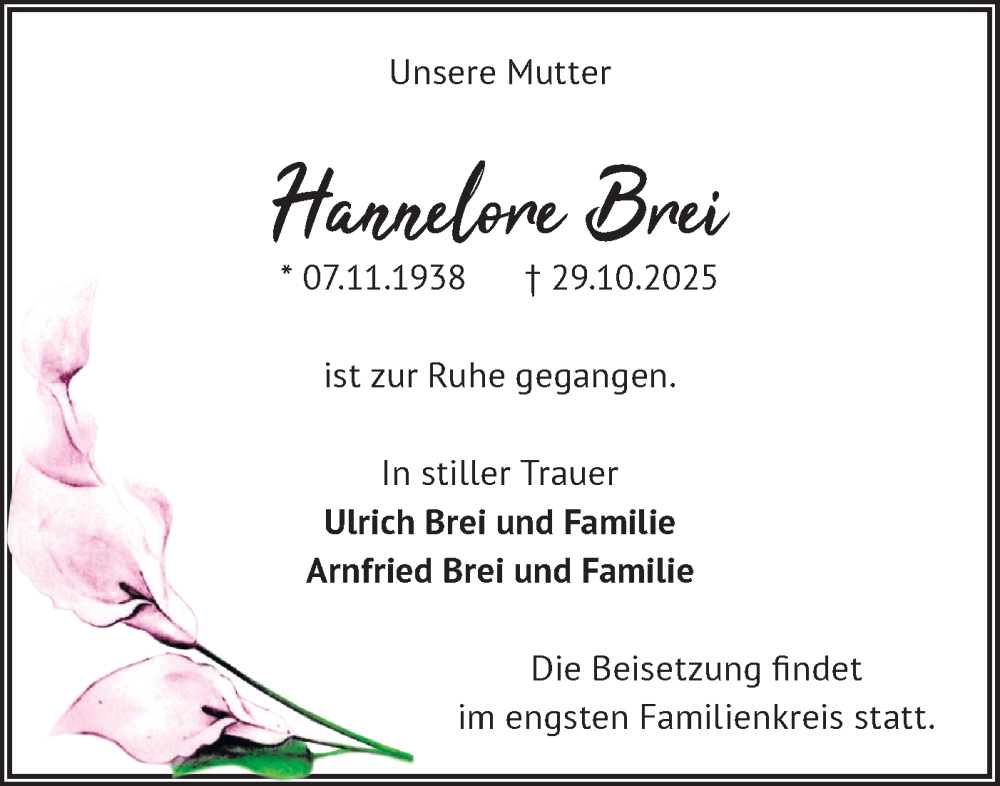 Traueranzeige für Hannelore Brei vom 15.11.2025 aus Märkische Oderzeitung