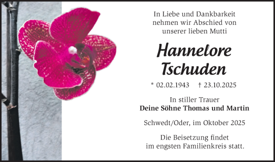 Traueranzeige von Hannelore Tschuden von MO Uckerm.-Anz.