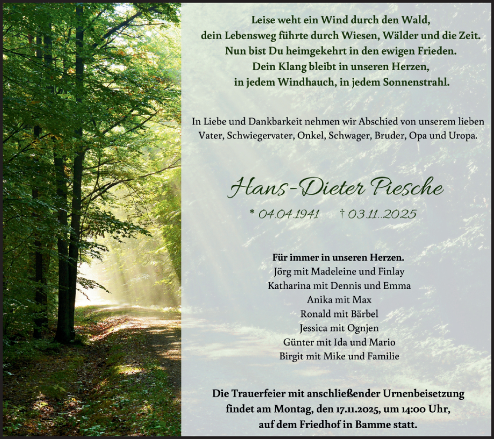  Traueranzeige für Hans-Dieter Fiescher vom 15.11.2025 aus Märkische Oderzeitung