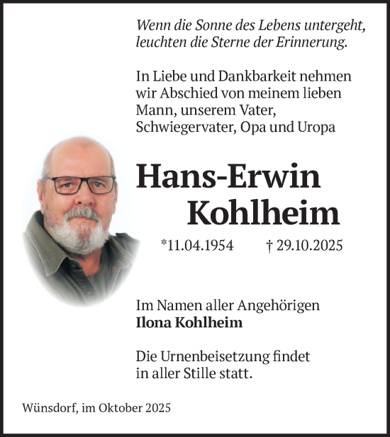 Traueranzeige von Hans-Erwin Kohlheim von Blickpunkt Ludwigsfelde/Zossen