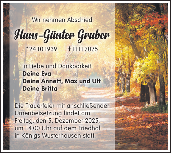 Traueranzeige von Hans-Günter Gruber von Blickpunkt Königs Wusterhausen