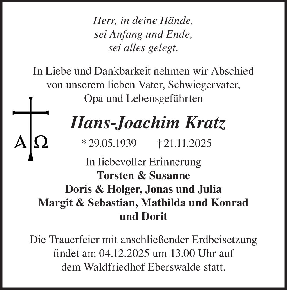  Traueranzeige für Hans-Joachim Kratz vom 29.11.2025 aus Märkische Oderzeitung