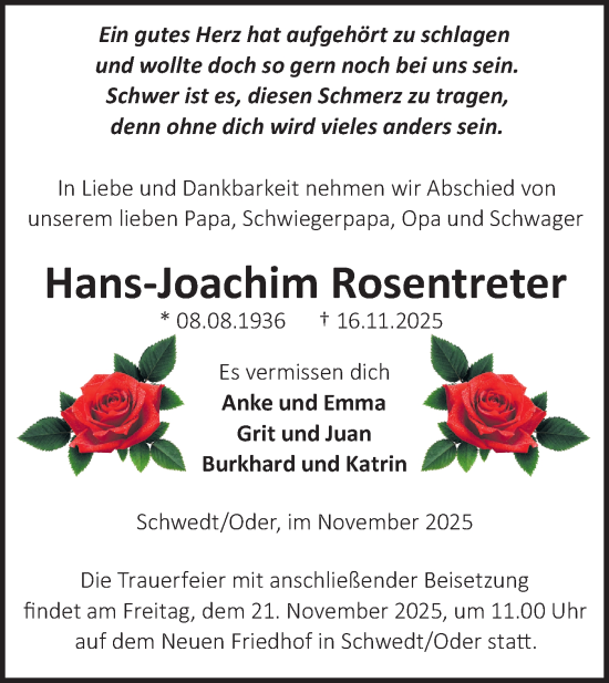 Traueranzeige von Hans-Joachim Rosentreter von MO Uckerm.-Anz.