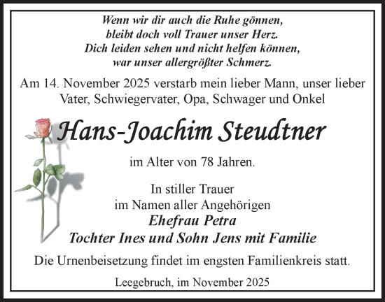 Traueranzeige von Hans-Joachim Steudtner von Märkische Oderzeitung