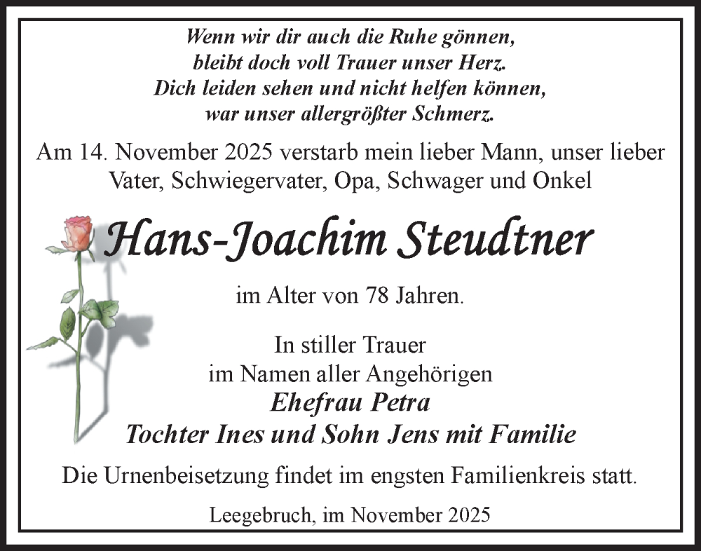  Traueranzeige für Hans-Joachim Steudtner vom 22.11.2025 aus Märkische Oderzeitung