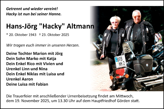 Traueranzeige von Hans-Jörg Altmann von Märkische Oderzeitung