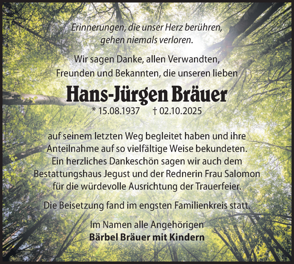  Traueranzeige für Hans-Jürgen Bräuer vom 08.11.2025 aus Märkische Oderzeitung