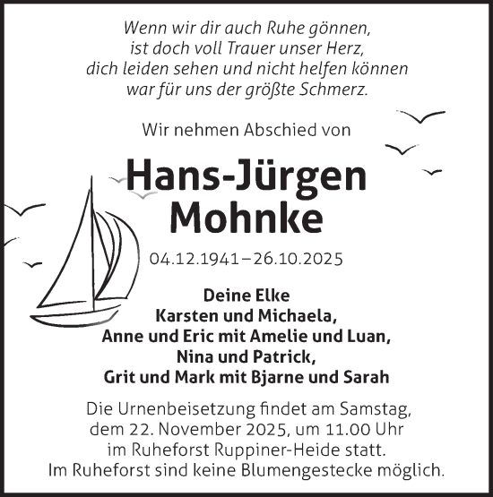 Traueranzeige von Hans-Jürgen Mohnke von Märkische Oderzeitung