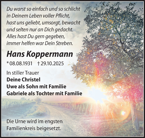 Traueranzeige von Hans Koppermann von Märkische Oderzeitung
